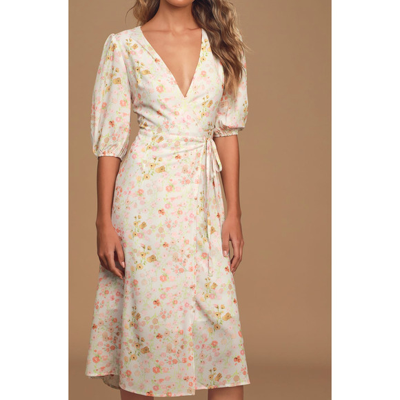 nwt Charlie Holiday Salsa Floral Print Puff Sleeve Midi Wrap Dress size 2 - Picture 3 of 4